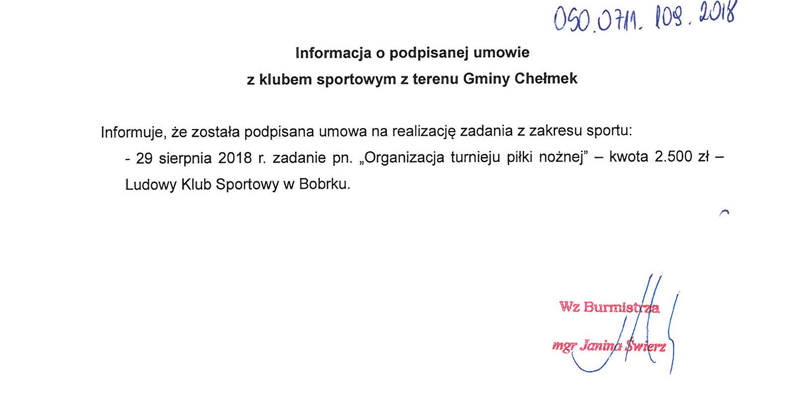 Informacja o podpisanej umowie
