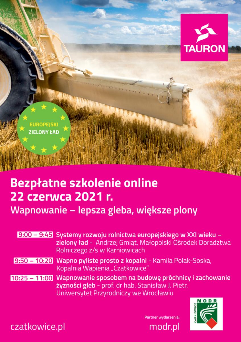 Plakat dotyczący bezpłatnego szkolenia z zabiegów wapnowania gleby.