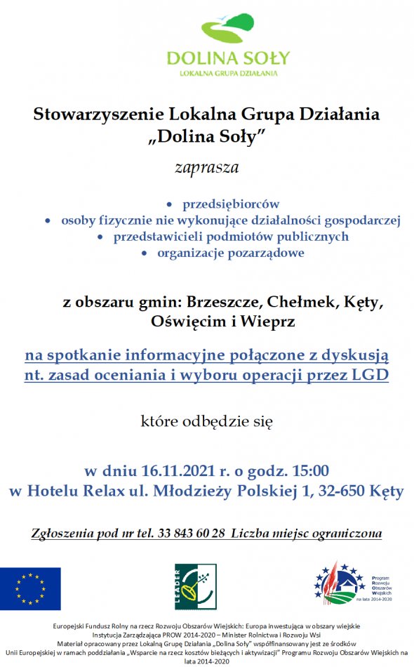 Zaproszenie na spotkanie informacyjne połączone z dyskusją nt. zasad oceniania i wyboru operacji przez LGD Dolina Soły.
