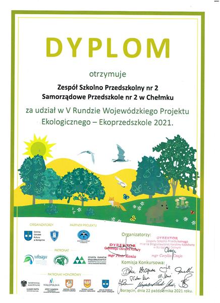 Dyplom dla Przedszkola Samorządowego nr 2 w Samorządowym Zespole Szkolno – Przedszkolnym nr 2 w Chełmku