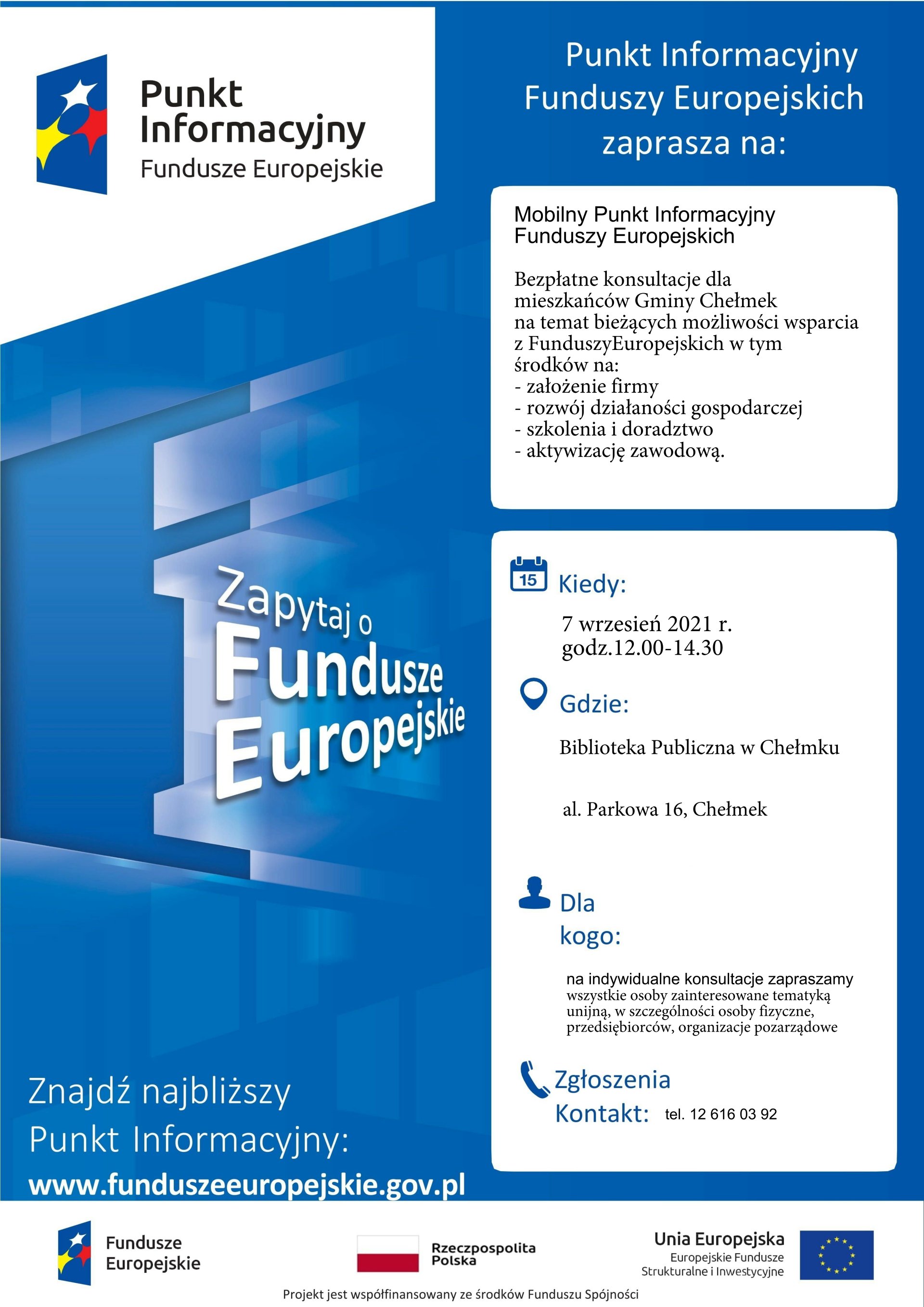 Plakat z zaproszeniem na bezpłatne konsultacje dotyczące bieżących możliwości wsparcia z Funduszy Europejskich.