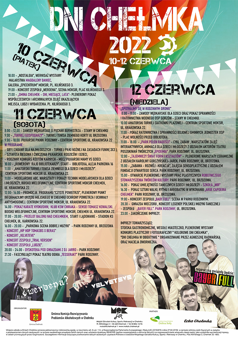 Plakat z harmonogramem Dni Chełmka 2022.
