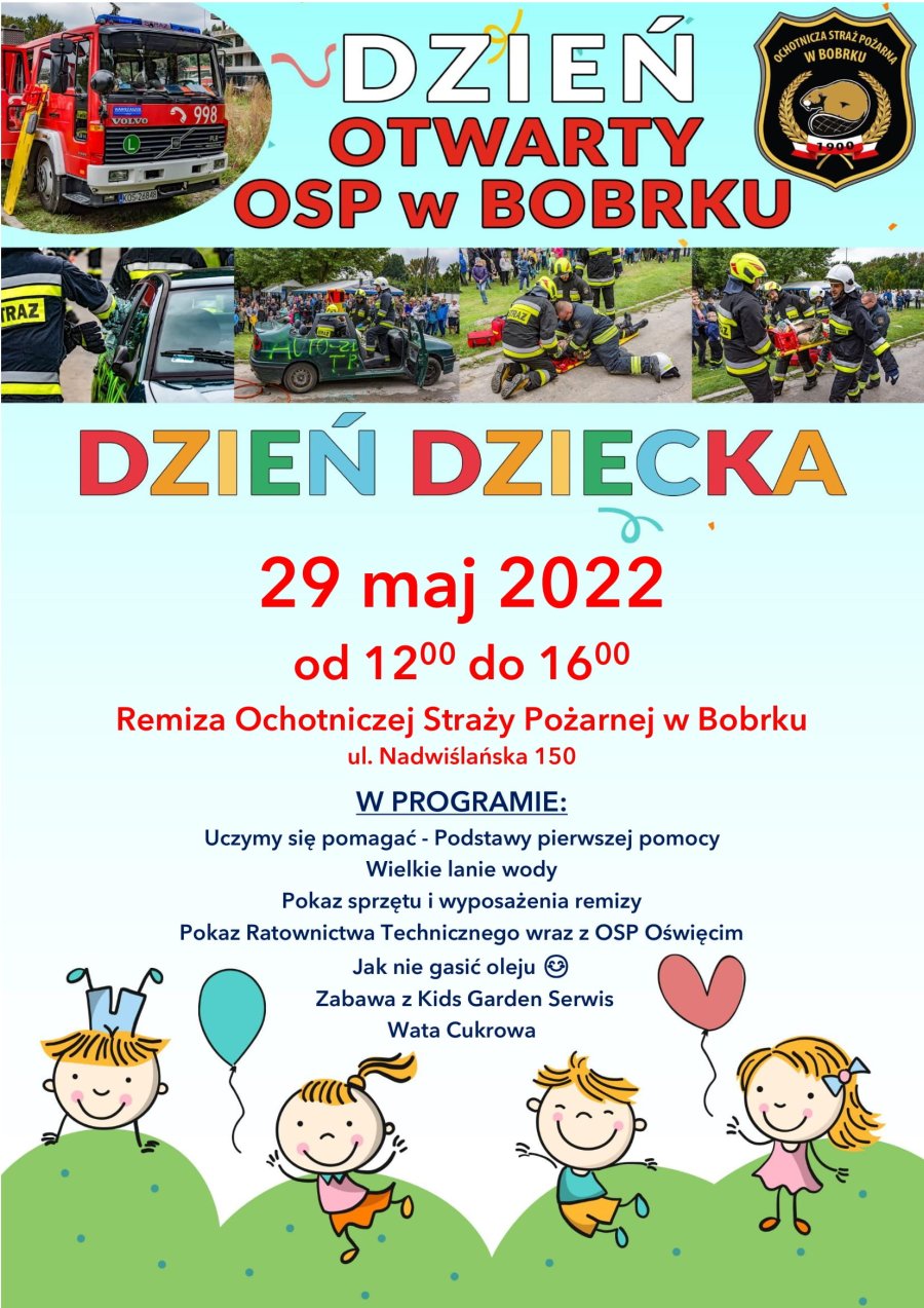 Plakat zapraszający na obchody Dnia Dziecka organizowane przez OSP w Bobrku.