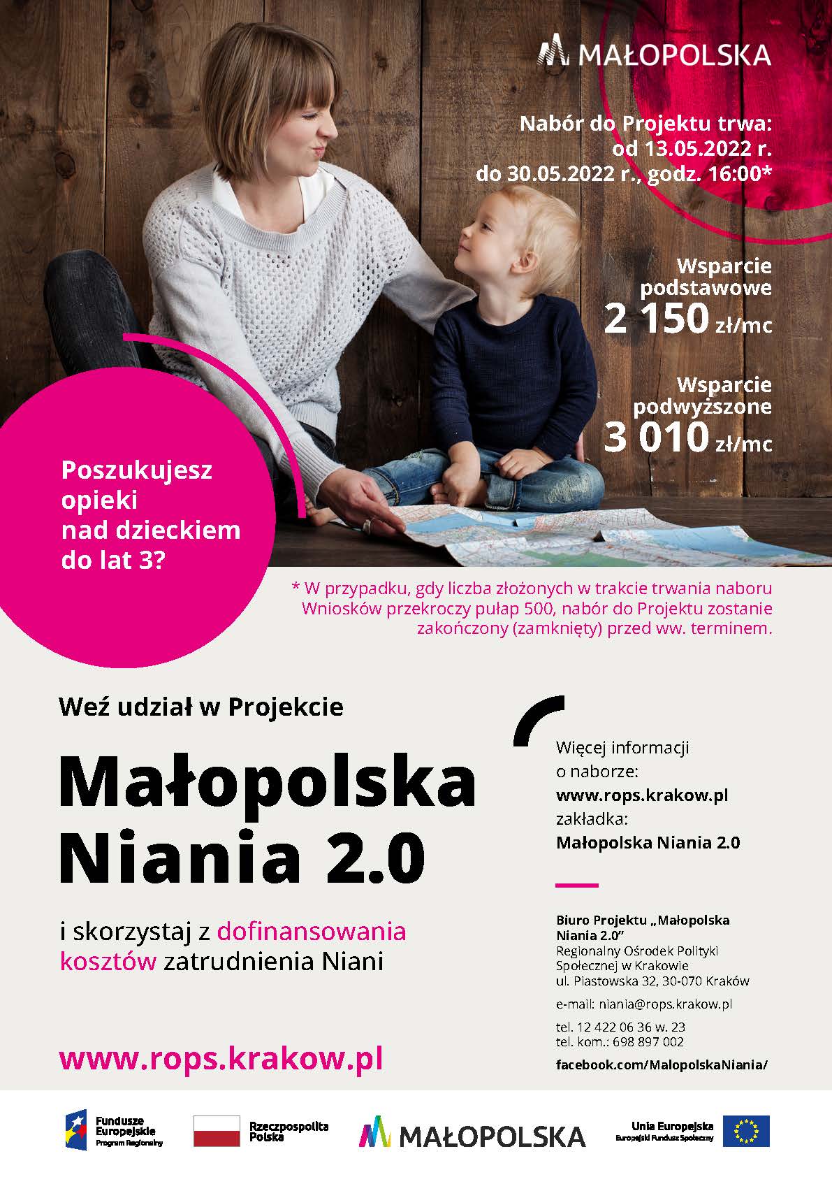 plakat projektu małopolska niania 2.0, oprócz opisu projektu na zdjęciu widać kobietę opiekującą się małym dzieckiem