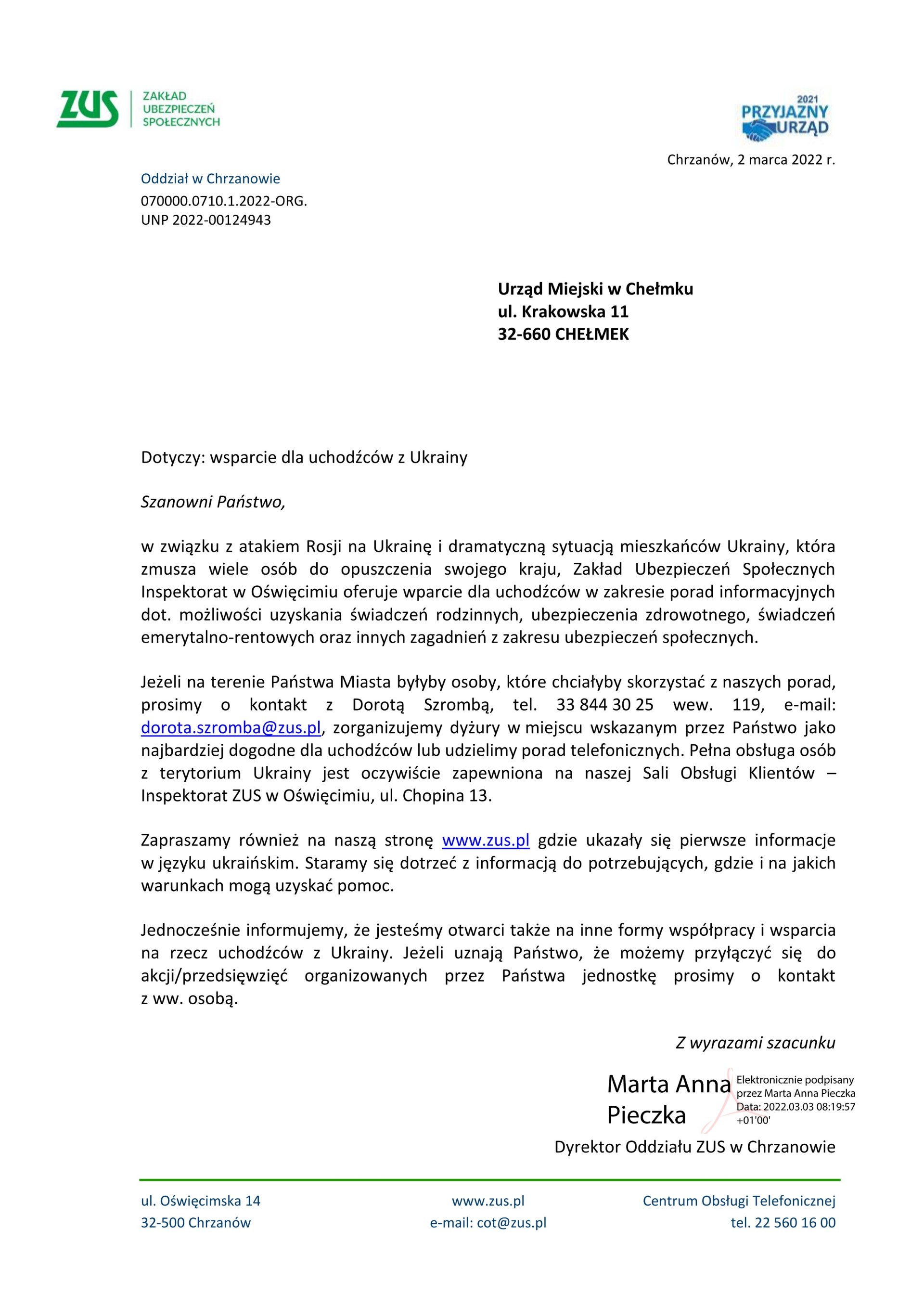 Pismo dyrektora Oddziału ZUS w Chrzanowie w sprawie wsparcia dla uchodźców z Ukrainy
