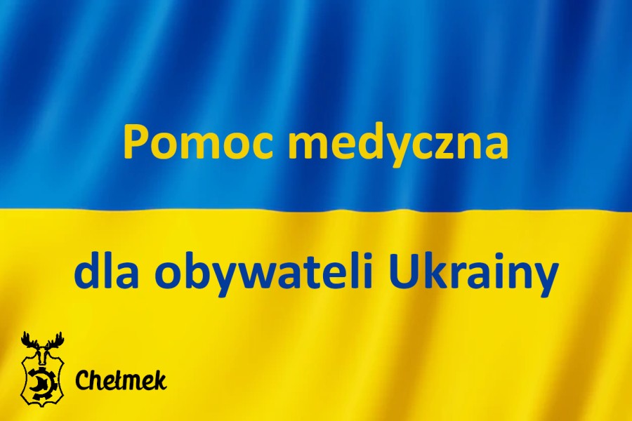Flaga Ukrainy z napisem: Pomoc medyczna dla obywateli Ukrainy.