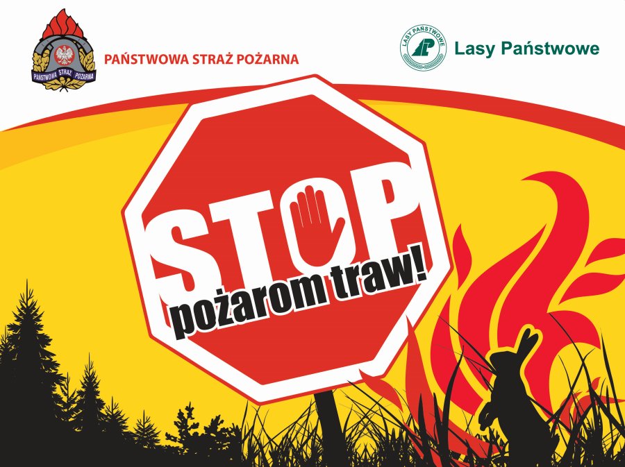 Grafika przedstawiająca palące się trawy ze znakiem STOP tworzącym napis: STOP pożarom traw.