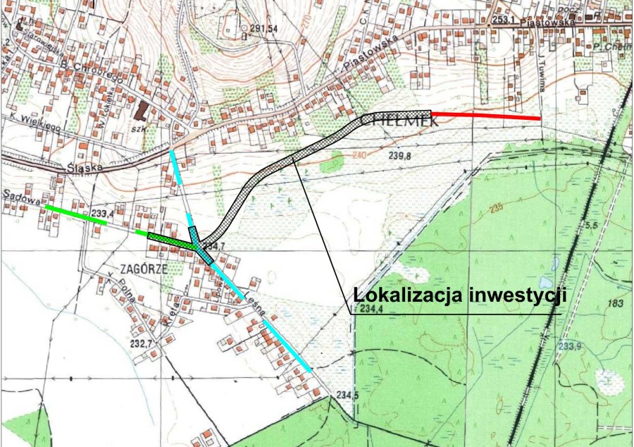 Mapa przedstawiająca rozbudowę ul. Brzechwy wraz z rozbudową skrzyżowań ul. Leśnej i Sadowej.