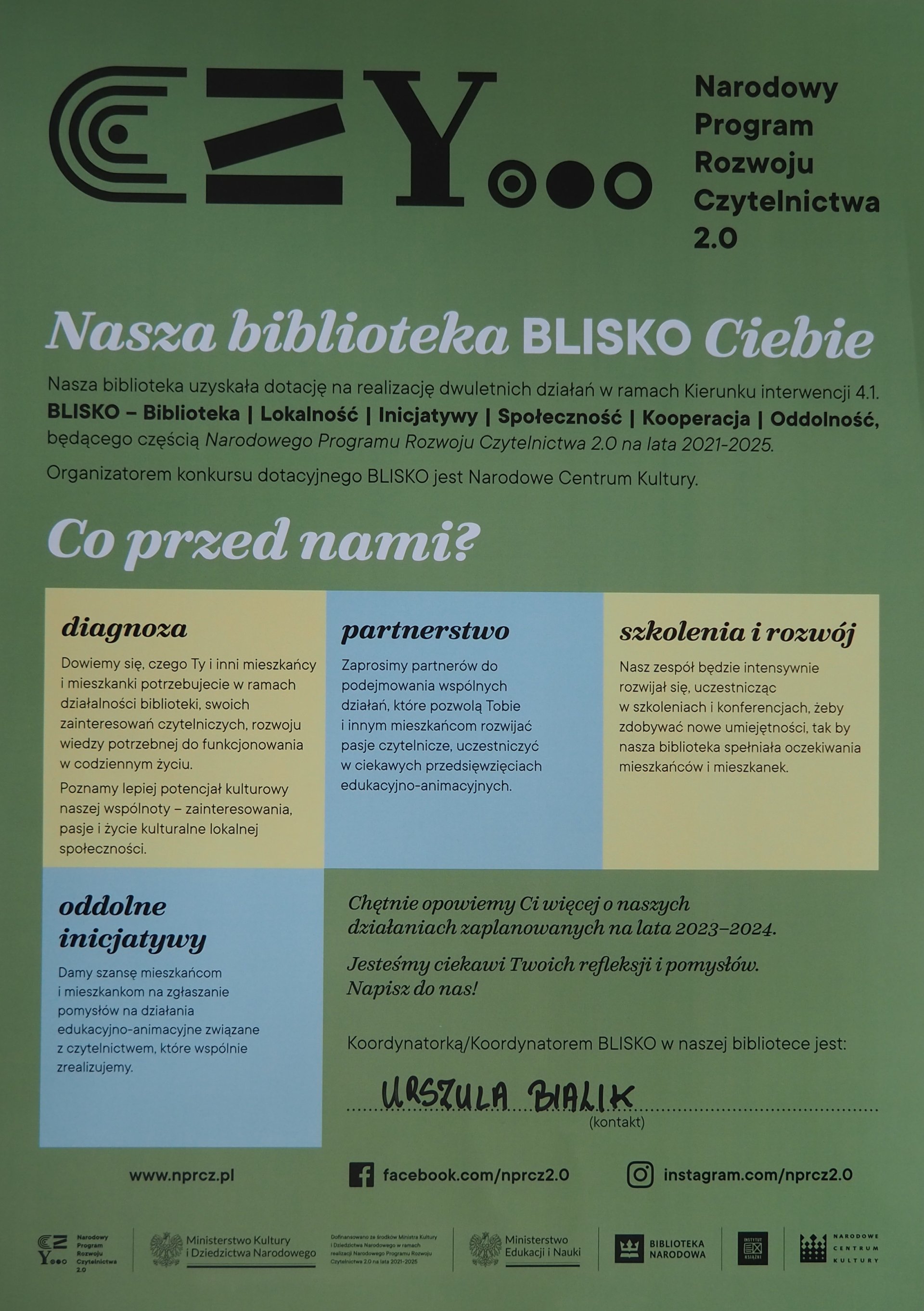 Plakat konkursu dotacyjnego BLISKO organizowanego przez Narodowe Centrum Kultury.