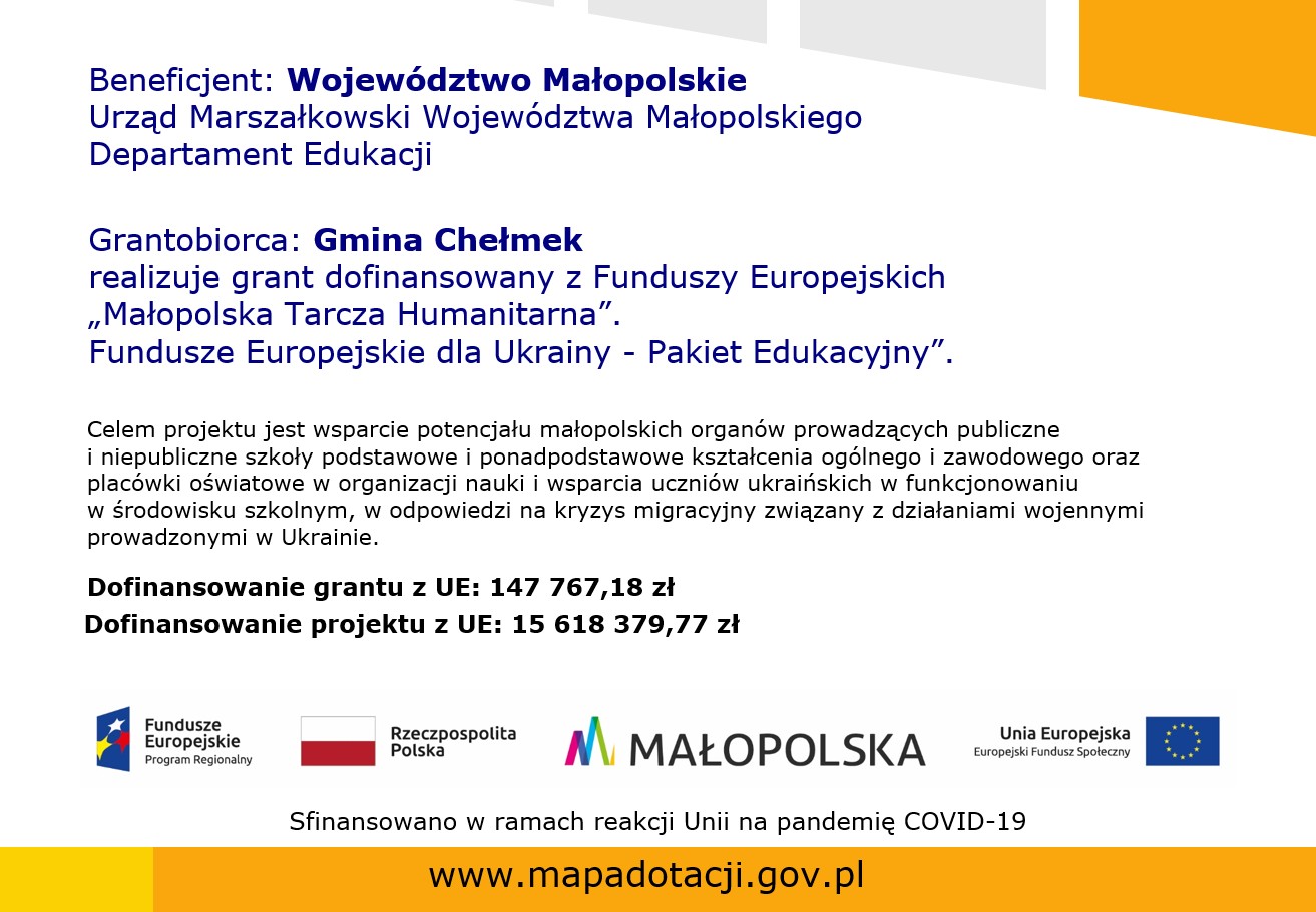 Plakat projektu pn. Małopolska Tarcza Humanitarna. Fundusze Europejskie dla Ukrainy – Pakiet Edukacyjny.