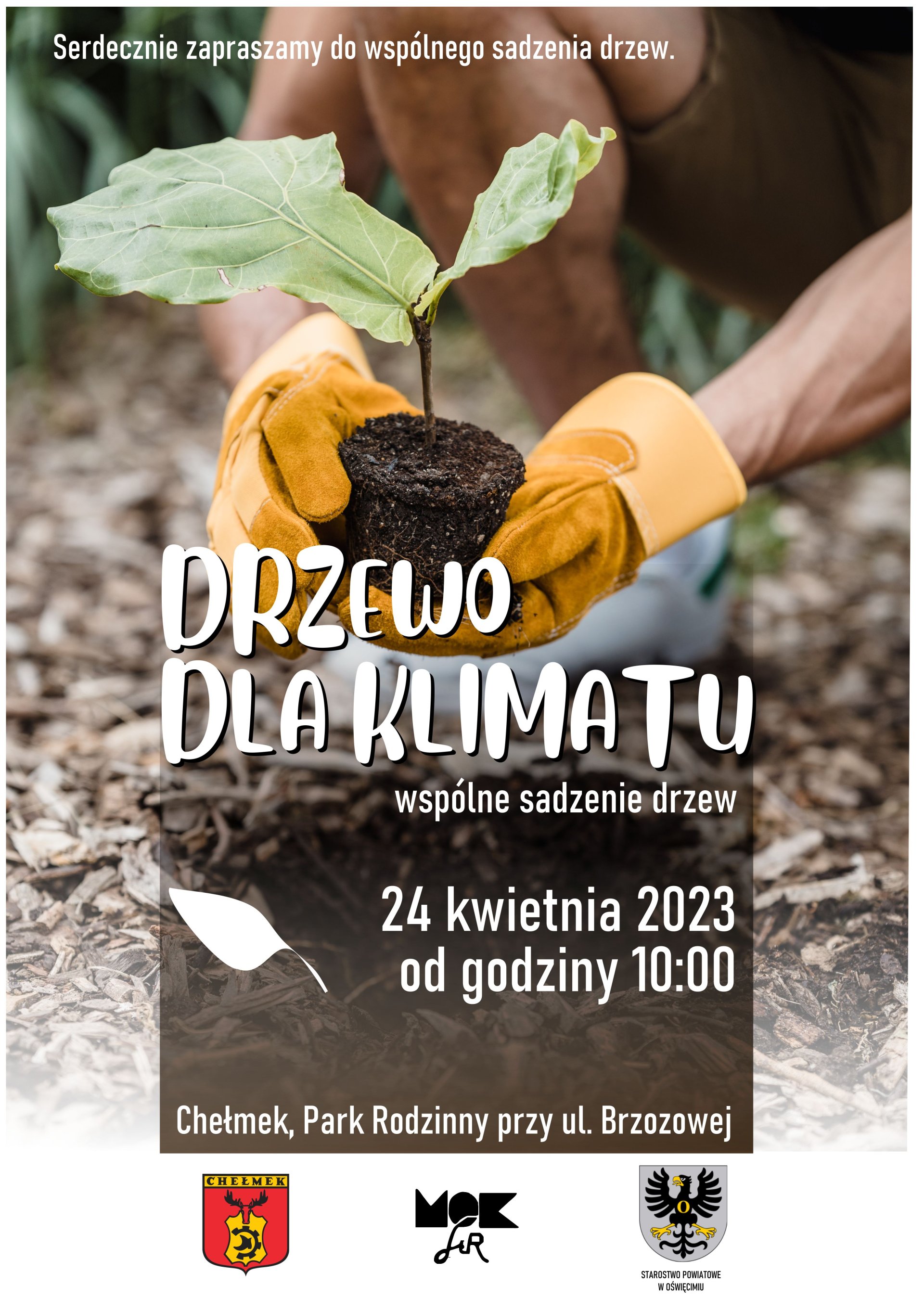 Plakat zapraszający na akcję wspólnego sadzenia drzew w Parku Rodzinnym w Chełmku.