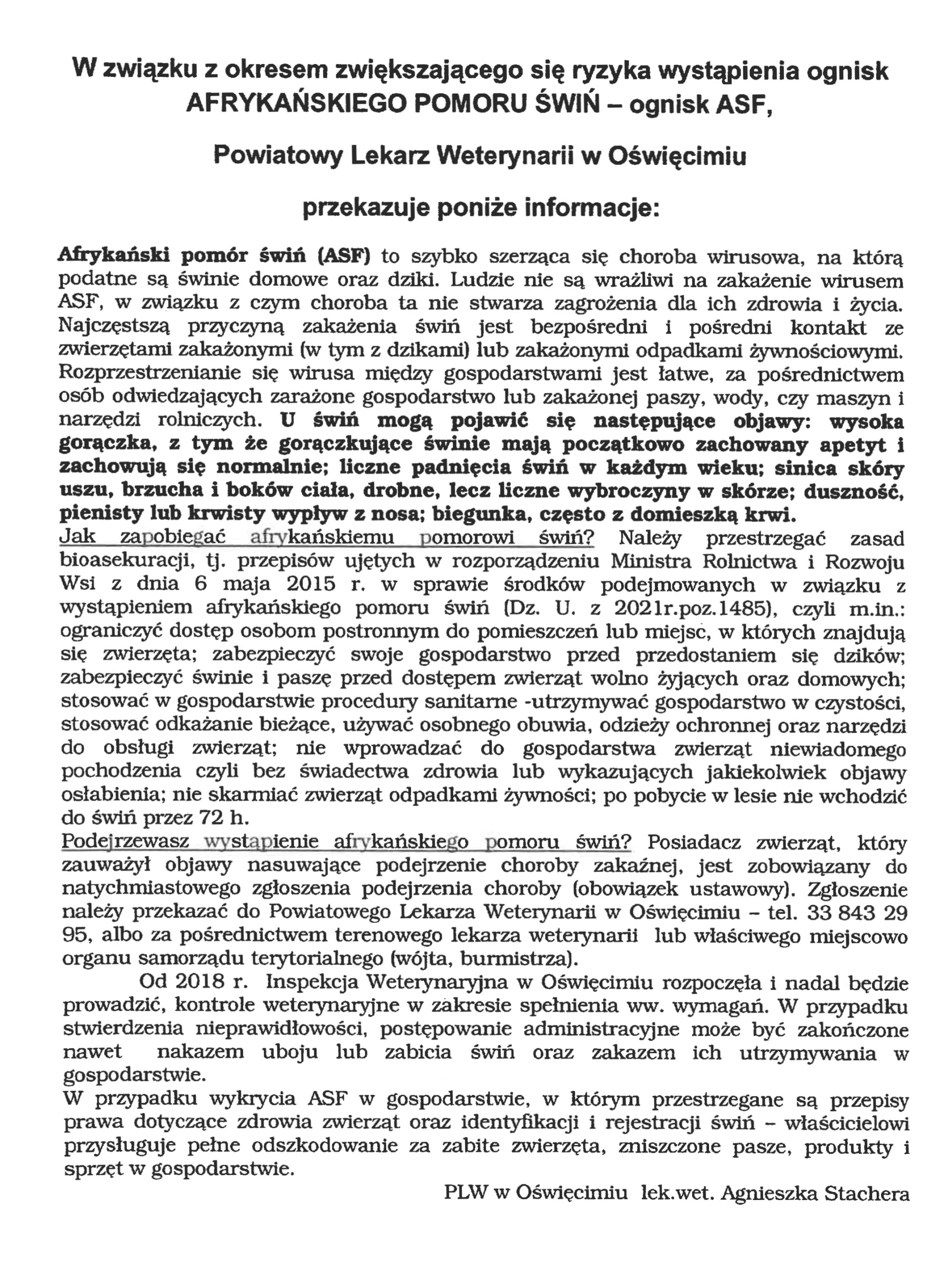 Informacja Powiatowego Lekarza Weterynarii w Oświęcimiu ws. ASF.