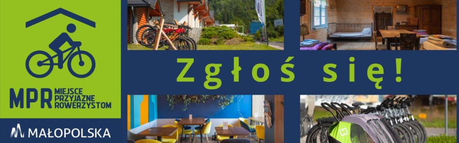 Baner projektu pod nazwą: Miejsca Przyjazne Rowerzystom z napisem: Zgłoś się.