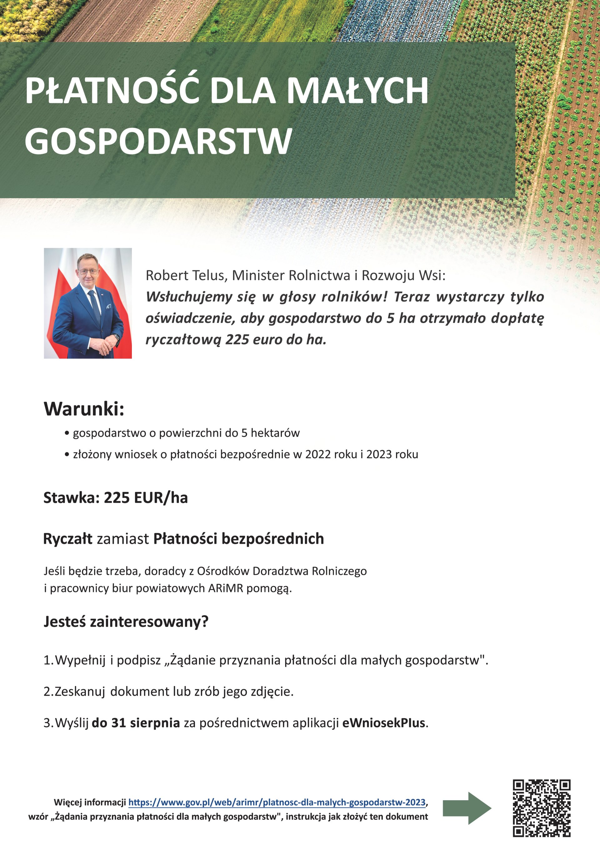 Plakat dotyczący płatności dla małych gospodarstw rolnych.