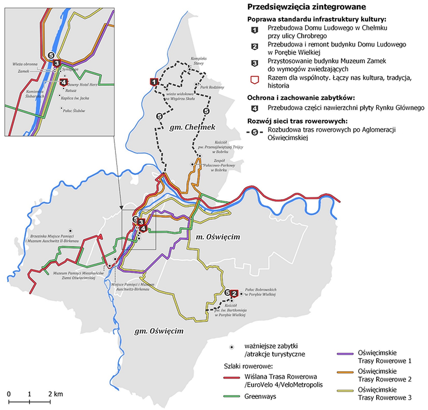 Mapka przedstawiająca przebieg tras rowerowych na obszarze Aglomeracji Oświęcimskiej.
