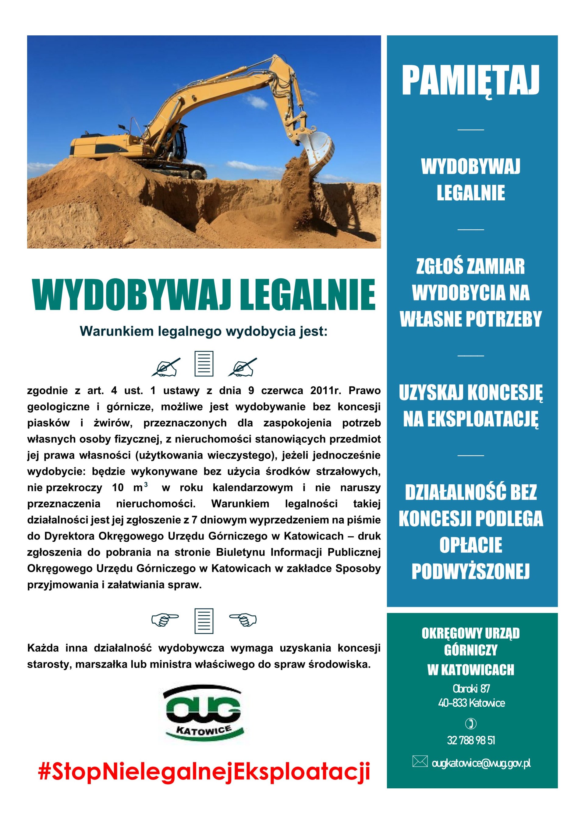 Ulotka informacyjna OUG w Katowicach dotycząca zwalczania problemu nielegalnej eksploatacji kopalin i jej szkodliwości dla środowiska.