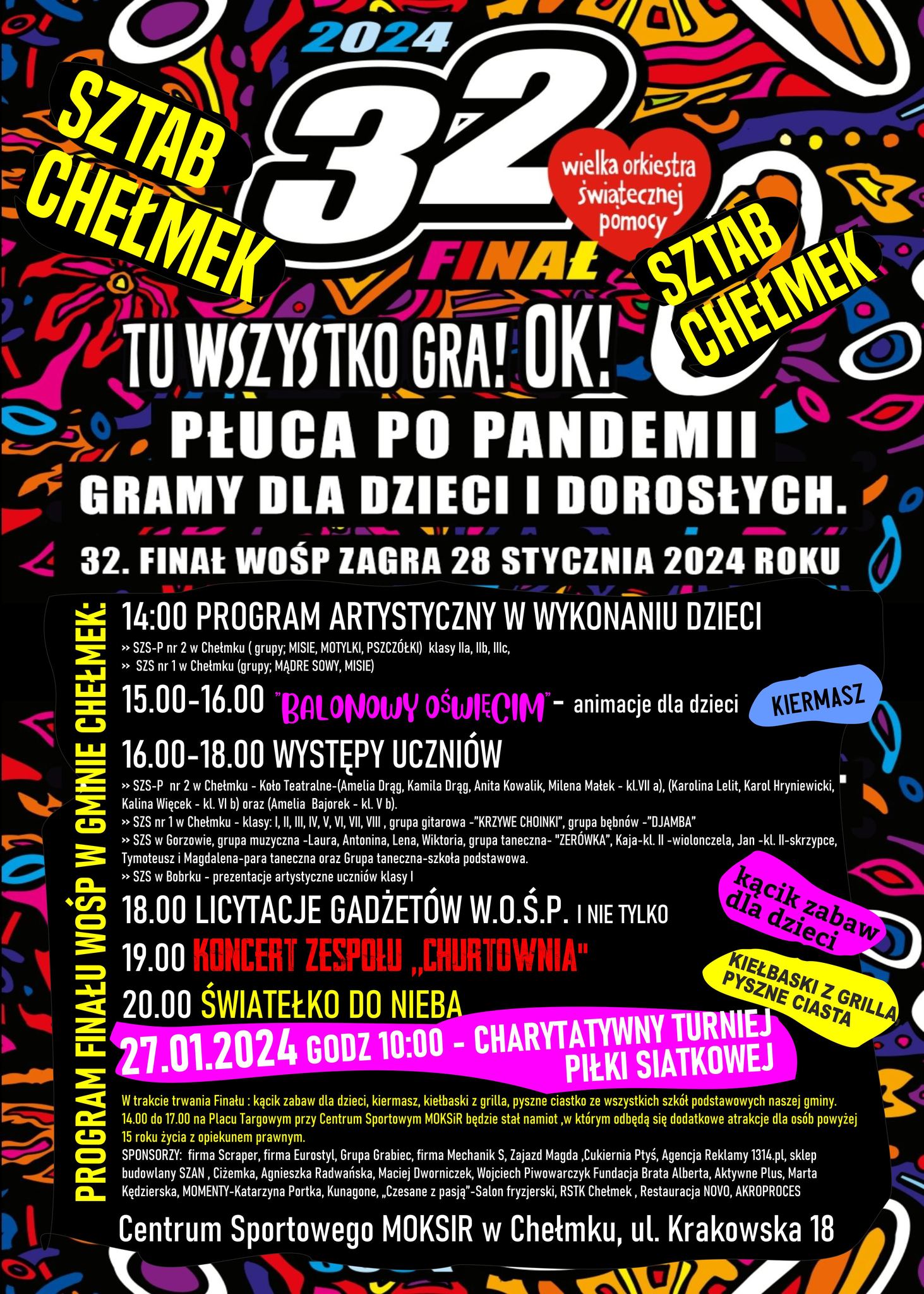 Plakat 32. Finału Wielkiej Orkiestry Świątecznej Pomocy w Chełmku.
