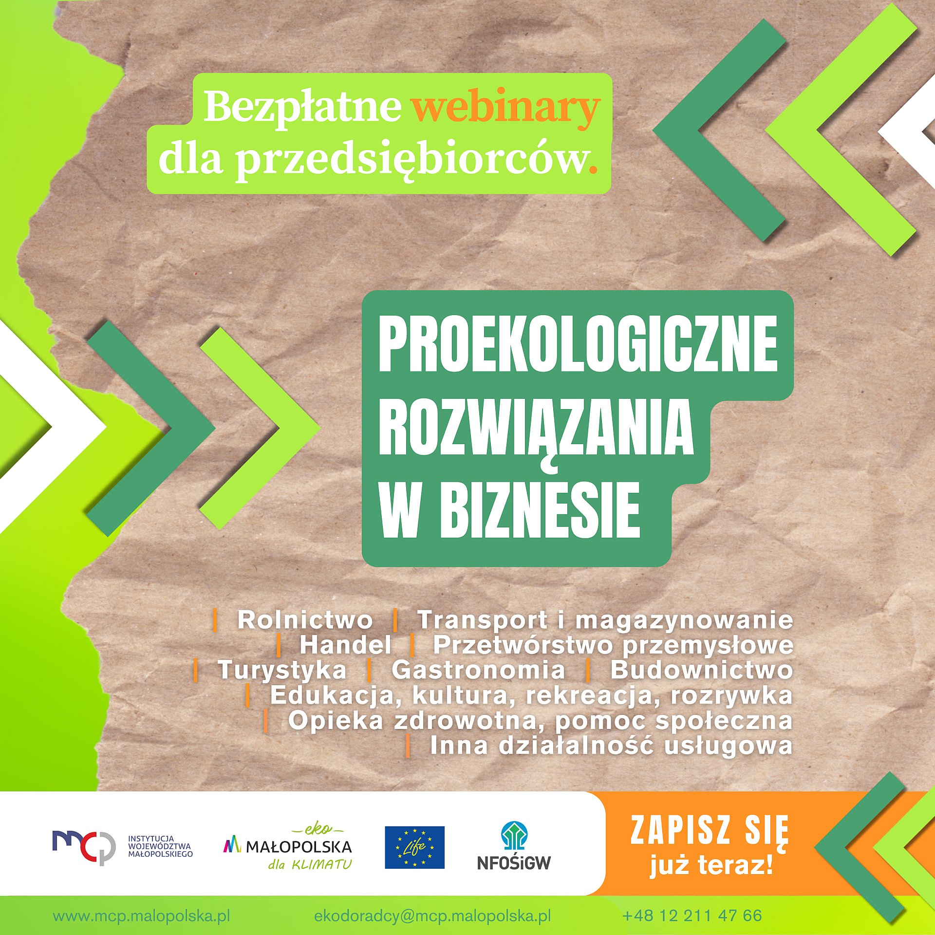 Plakat z zaproszeniem na bezpłatne webinaria o proekologicznych rozwiązaniach dla przedsiębiorców (MŚP) z Małopolski.