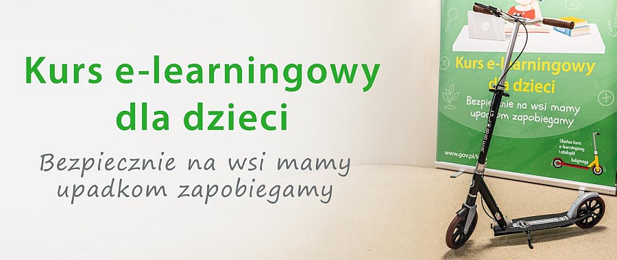 Nagłówek kursu e-learningowego pt. „Bezpiecznie na wsi mamy – upadkom zapobiegamy”.