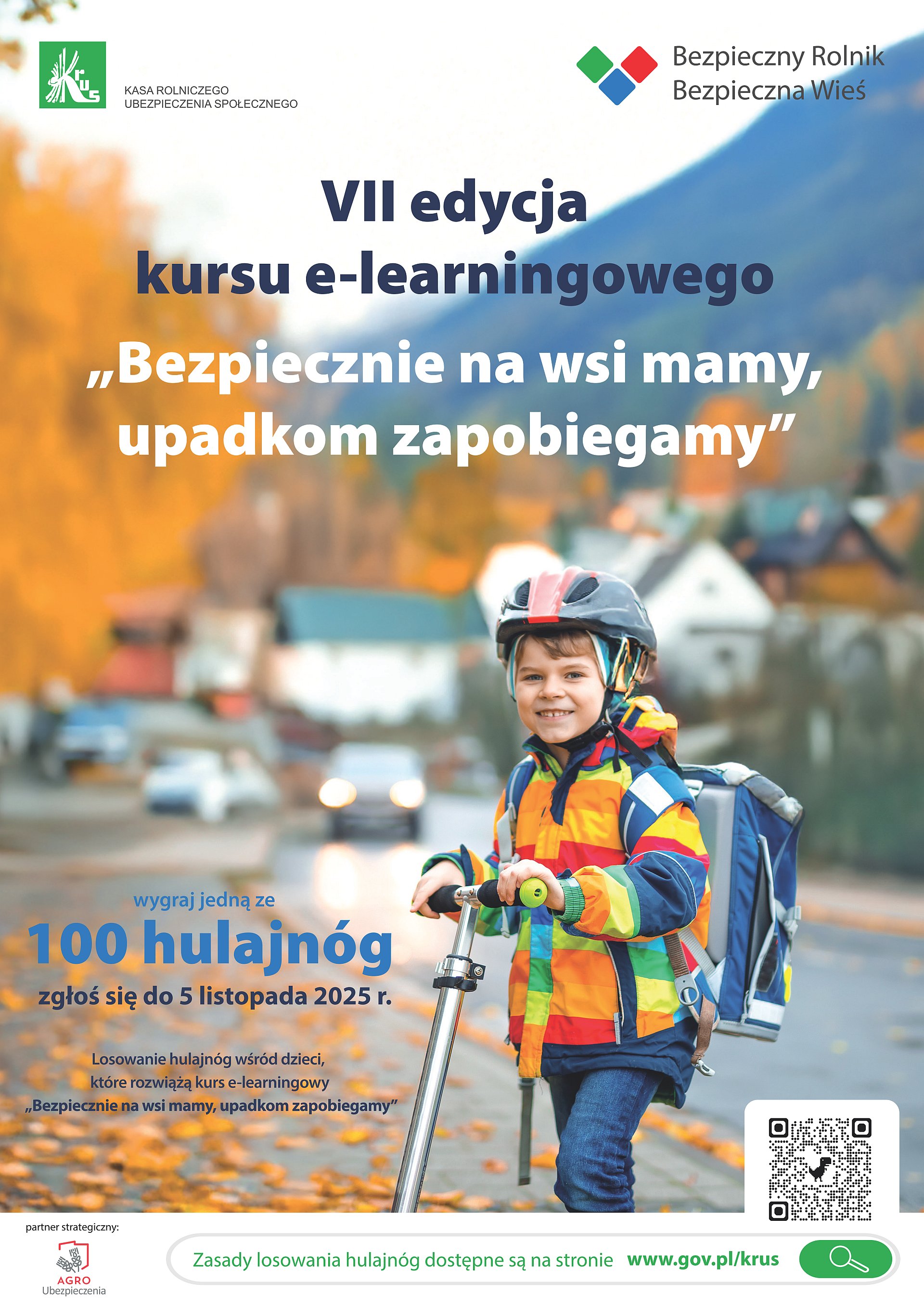 Plakat kursu e-learningowego pt. „Bezpiecznie na wsi mamy – upadkom zapobiegamy”.