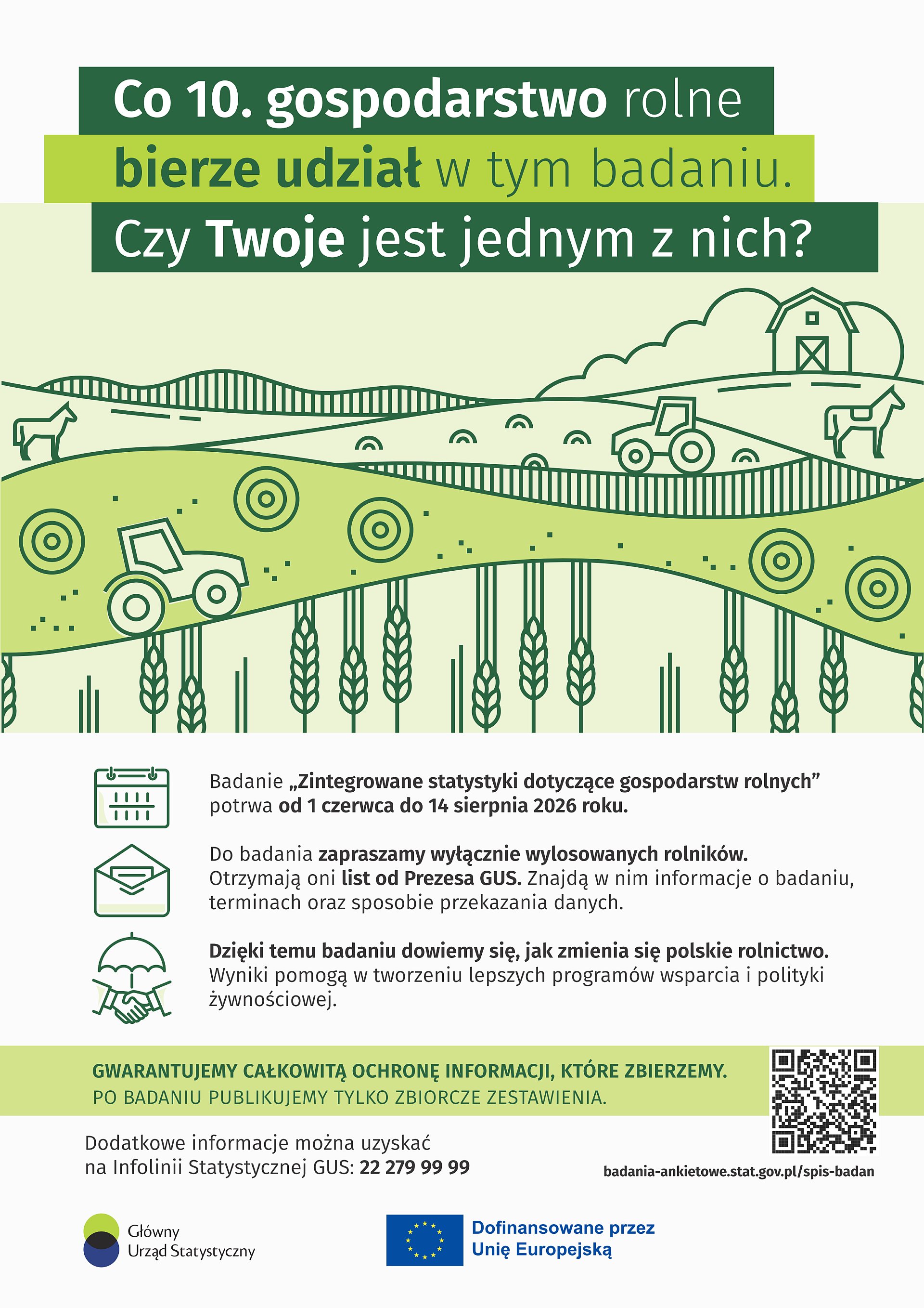 Plakat badania statystycznego „Zintegrowane statystyki dotyczące gospodarstw rolnych”.